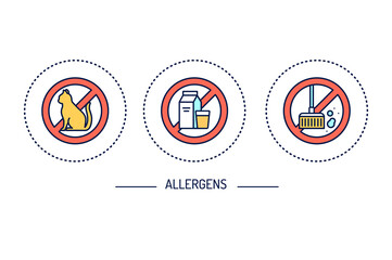 Allergens line color icons set. Gluten free, dust, cat allergy.