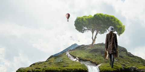 Housewife with shopping bags . Mixed media