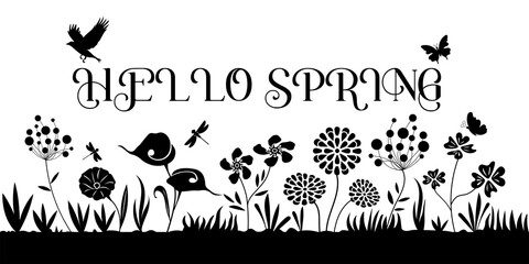 Hello Spring Sign with flower and flying bird