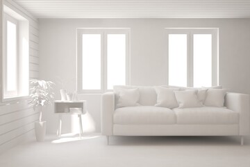 White minimalist living room with sofa. Scandinavian interior design. 3D illustration