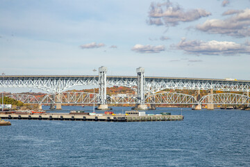 view to skyline of New London with railroad bridge
