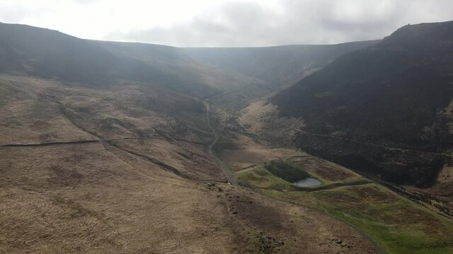 Stunning Dovestone Reservoir Aerial Drone Fly Over Peak District National Park Greenfield Saddleworth Moor Manchester	