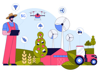 Smart farming concept. Farmer runs farm on tablet app, gathering data