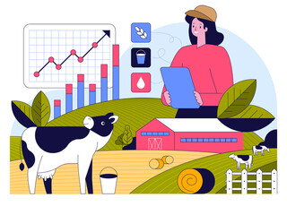 Smart farming. Female farmer runs farm dairy production on tablet