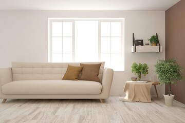 White living room with sofa. Scandinavian interior design. 3D illustration
