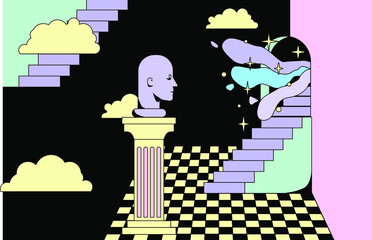 A surreal landscape with a checkered floor, ancient Roman columns and sculpture.