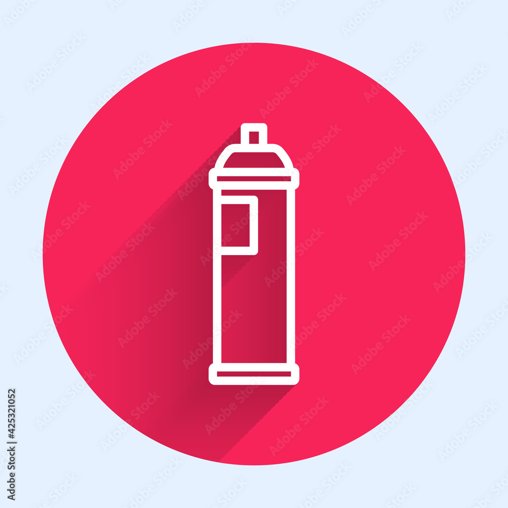 Poster white line paint spray can icon isolated with long shadow. red circle button. vector