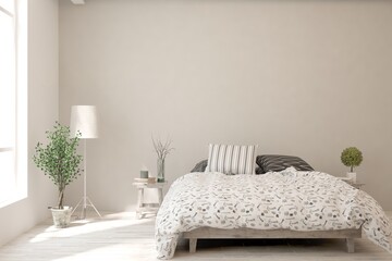 White bedroom interior. Scandinavian design. 3D illustration