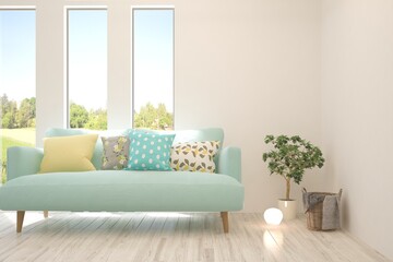 White living room with sofa and summer landscape in window. Scandinavian interior design. 3D illustration