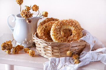 Peanut-nut pastries. Cookie rings with shortbread dough on a light background