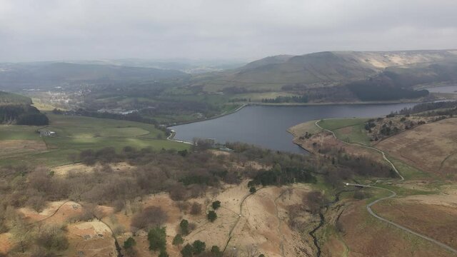 Stunning Dovestone Reservoir Aerial Drone Fly Over Peak District National Park Greenfield Saddleworth Moor Manchester	