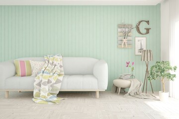 Soft color living room with sofa. Scandinavian interior design. 3D illustration