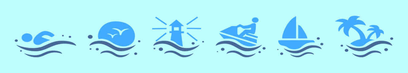Fototapeta premium set of beach element cartoon icon design template with various models. vector illustration isolated on blue background