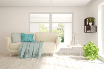 Fototapeta premium White living room with sofa. Scandinavian interior design. 3D illustration