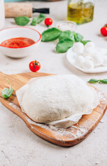 The ingredients for homemade Margherita pizza on stone background.