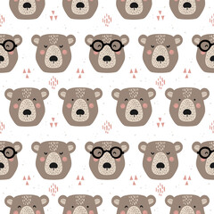 The face of a bear on a white background, different emotions. Hand-drawn illustration in Scandinavian style. Vector seamless pattern with texture and ornamental elements. Wild animals in the forest.