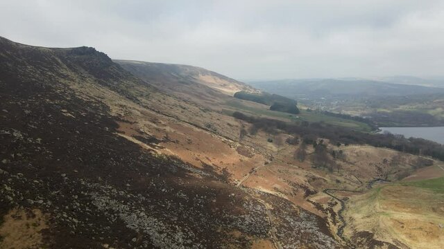 Stunning Dovestone Reservoir Aerial Drone Fly Over Peak District National Park Greenfield Saddleworth Moor Manchester	