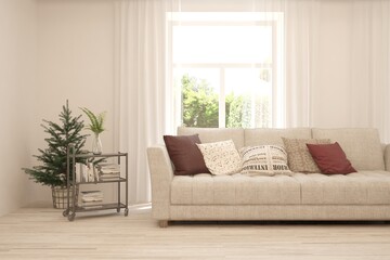 Fototapeta premium White living room with sofa and summer landscape in window. Scandinavian interior design. 3D illustration