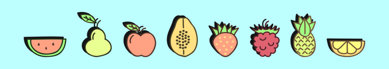 set of fruit cartoon icon design template with various models. vector illustration isolated on blue background