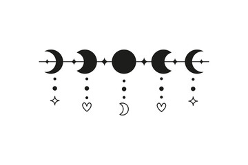 Celestial moon phases with stars and hearts.