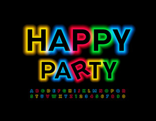 Vector neon poster Happy Party. Colorful Glowing Font. Electric light Alphabet Letters and Numbers set