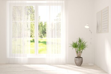 White empty room with summer landscape in window. Scandinavian interior design. 3D illustration