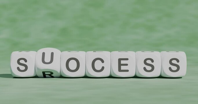 White dice with letters rotate changing the word PROCESS to the word SUCCESS on a blurred background of green cloth, 3D animation. Business concept: continuous action leads to the desired result.