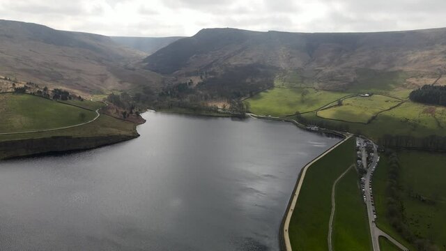 Stunning Dovestone Reservoir Aerial Drone Fly Over Peak District National Park Greenfield Saddleworth Moor Manchester	