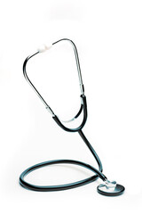 A medical stethoscope stands in a cobra pose, isolated on a white background.