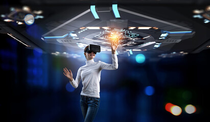 Fototapeta na wymiar Virtual reality experience. Technologies of the future. Mixed media