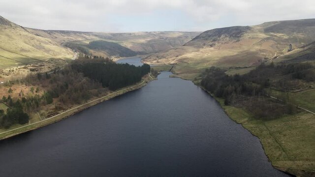 Stunning Dovestone Reservoir Aerial Drone Fly Over Peak District National Park Greenfield Saddleworth Moor Manchester	