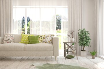 Soft color living room with sofa and summer landscape in window. Scandinavian interior design. 3D illustration