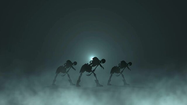 Animation of a skeletons dancing in a party at a graveyard. Funny cartoon character for Halloween background.