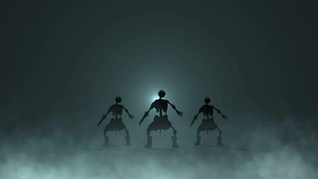 Animation of a skeletons dancing in a party at a graveyard. Funny cartoon character for Halloween background.