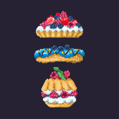 Pixel dessert. Set of pixel cakes and muffins. Four variation in different forms.