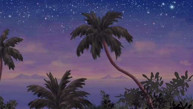 evening on the coast with palm trees in purple shades