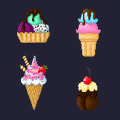 Set of pixel ice-cream. Four variation of ice-cream in different forms. Pixel dessert.