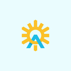 Letter A with the sun and rays - creative solar energy logotype