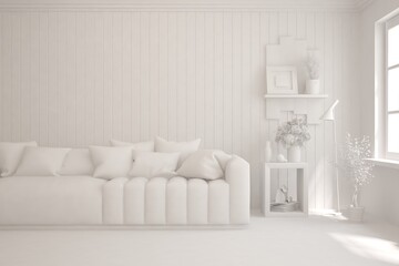 Mock up of stylish room in white color with sofa. Scandinavian interior design. 3D illustration