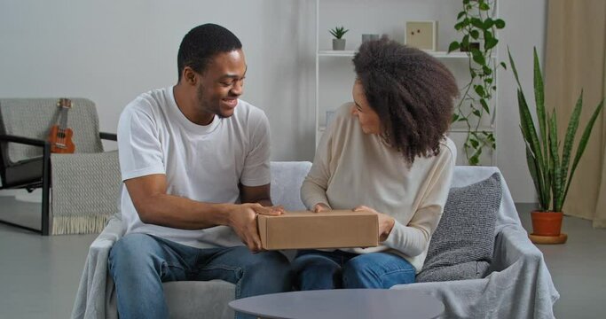 Afro american couple receiving parcel at home during lockdown pull in different directions cardboard box want to own gift curly young woman giving concedes order to her beloved husband, greed concept