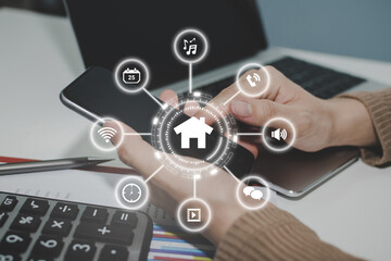 smart home technology. hand control and using interface on digital mobile smartphone with virtual digital icon, innovation technology, internet, modern lifestyle and smart home application concept