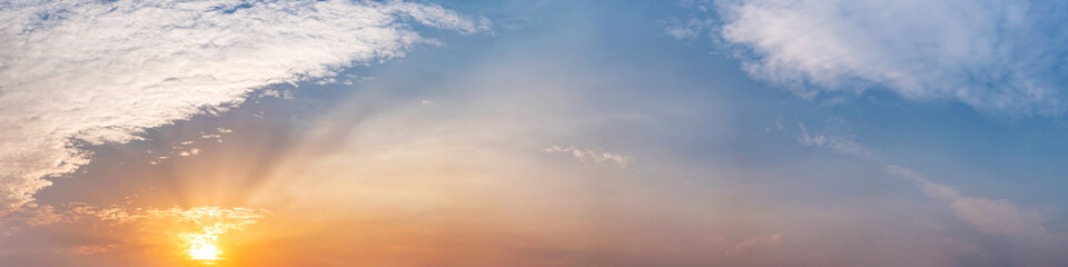 Dramatic panorama sky with cloud on sunrise and sunset time. Panoramic image.