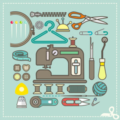 Retro set of sewing and needlework icons, Vector illustration