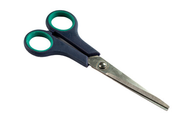 Detail of scissors isolated on white background. Close up macro shot. Horizontal macro photography view.