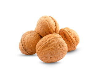 Isolated pile of nuts, three walnuts on white background