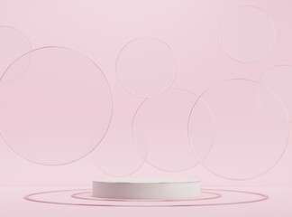 Podium, exhibition round pedestal. 3d render illustration. Stand for cosmetic products. Geometric  - architectural composition. Gray white base podium with glass, gold decor.