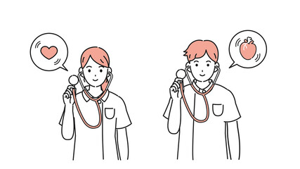 聴診器を持つ　医者　看護師　男女　心音　検査　診察　診断　イラスト素材
