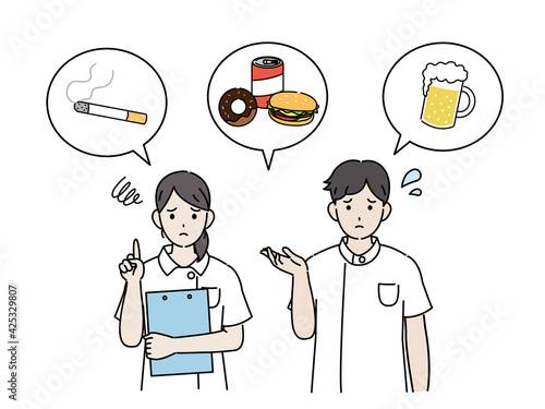 健康に注意をする医者 看護師 男女 不健康 指示 心配 イラスト素材 Wall Mural Senryu