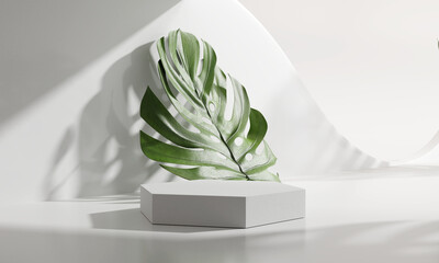 Blank white product display podium with monstera leaf . 3d rendering
