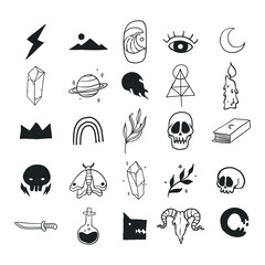 bundle of hand drawn tattoo illustration. collection set of gothic or mystic theme illustrated as clipart isolated on white background. vector element design.